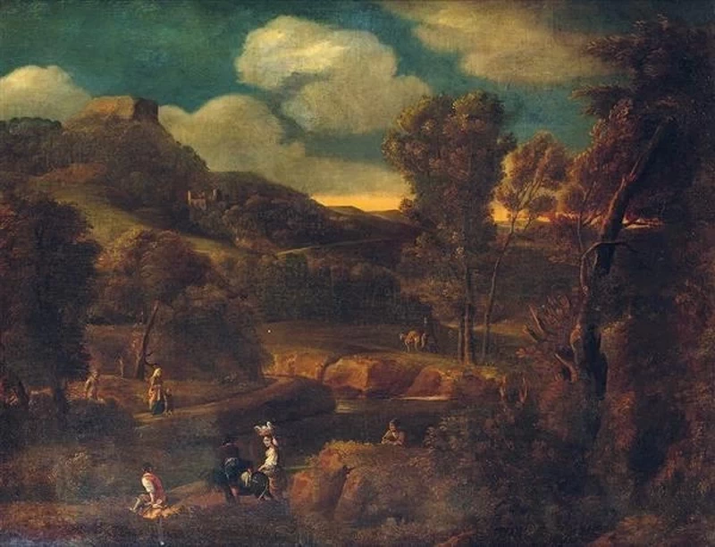 Paesaggio animato di personaggi lungo il fiume